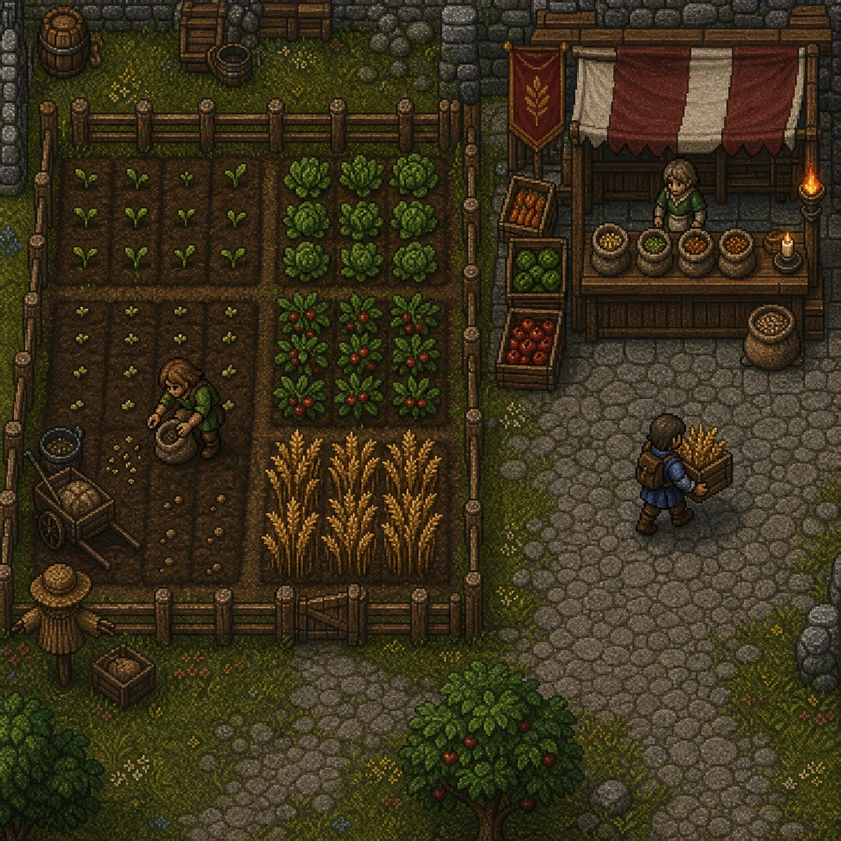 Fazendeiro de Eddeen plantando sementes ao lado de cultivos maduros e de um comerciante medieval