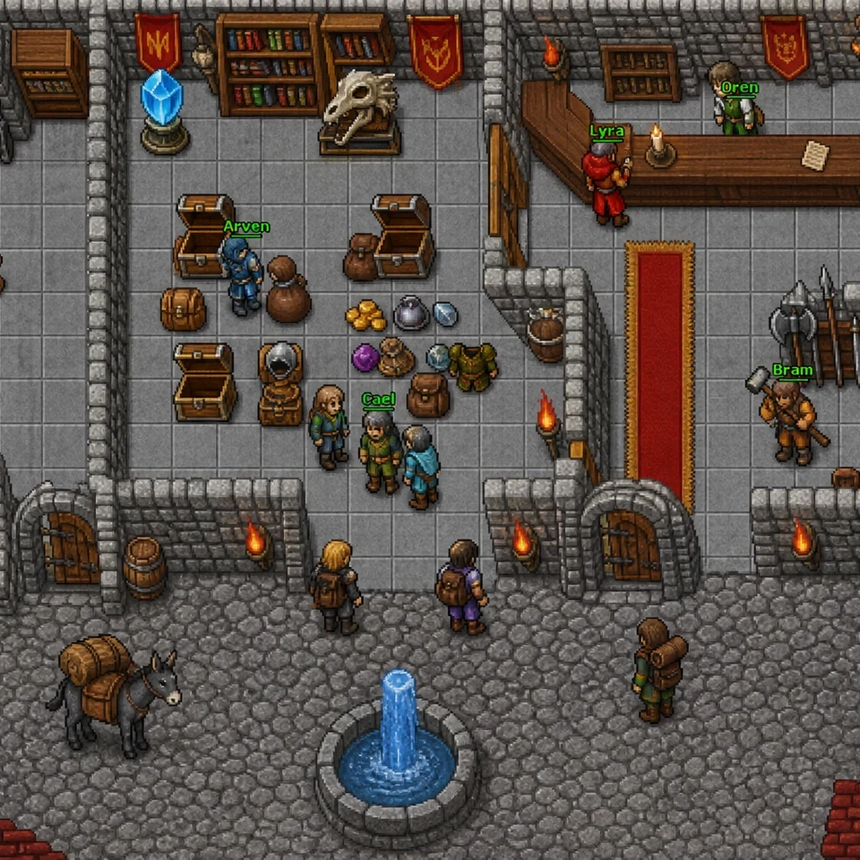 Jogadores negociando mercadorias e organizando equipamentos em um movimentado salão medieval de Eddeen